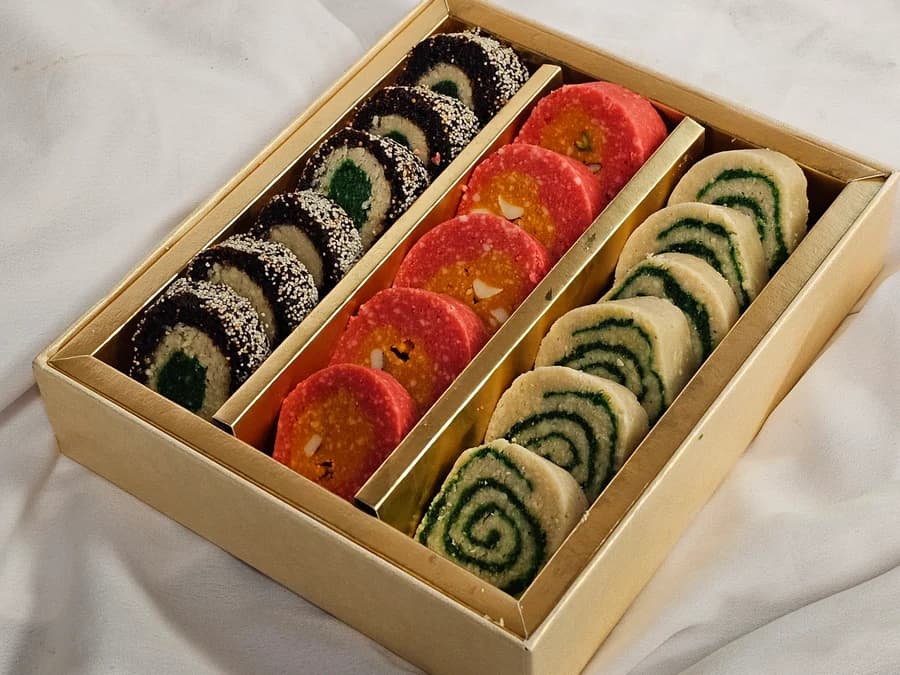 1lb Mix Kaju & Pista Rolls - Brown & Gold Gift Box from Surati Farsan Mart